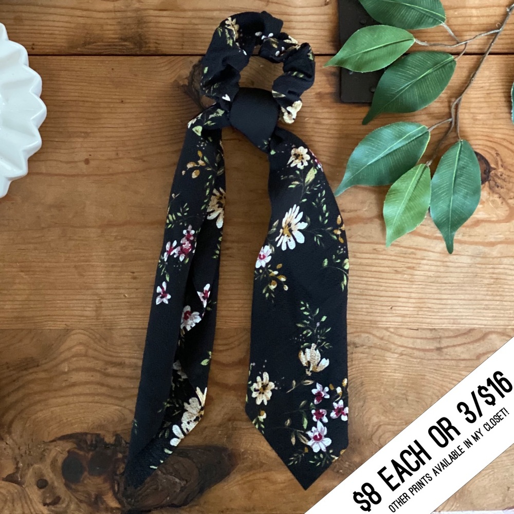 Black Floral Print Hair Scrunchie Scarf